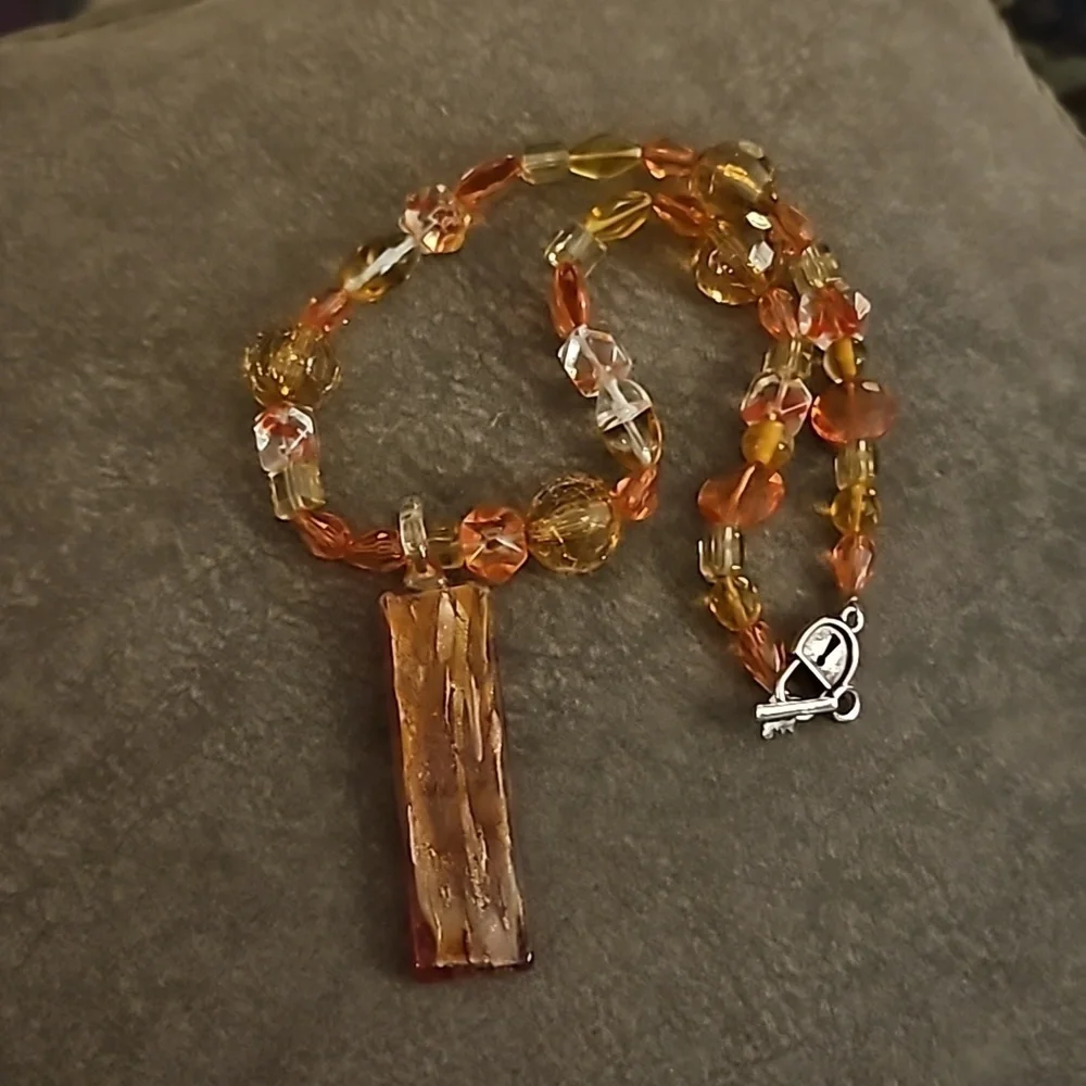 HANDMADE Orange Dichroic Glass Pendant Beaded Necklace